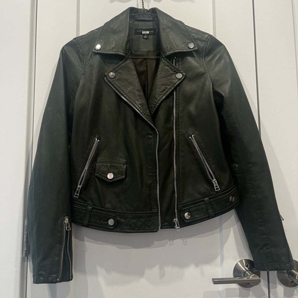 Slate & Willow Army Green Genuine Leather Moto Jacket (Size S)